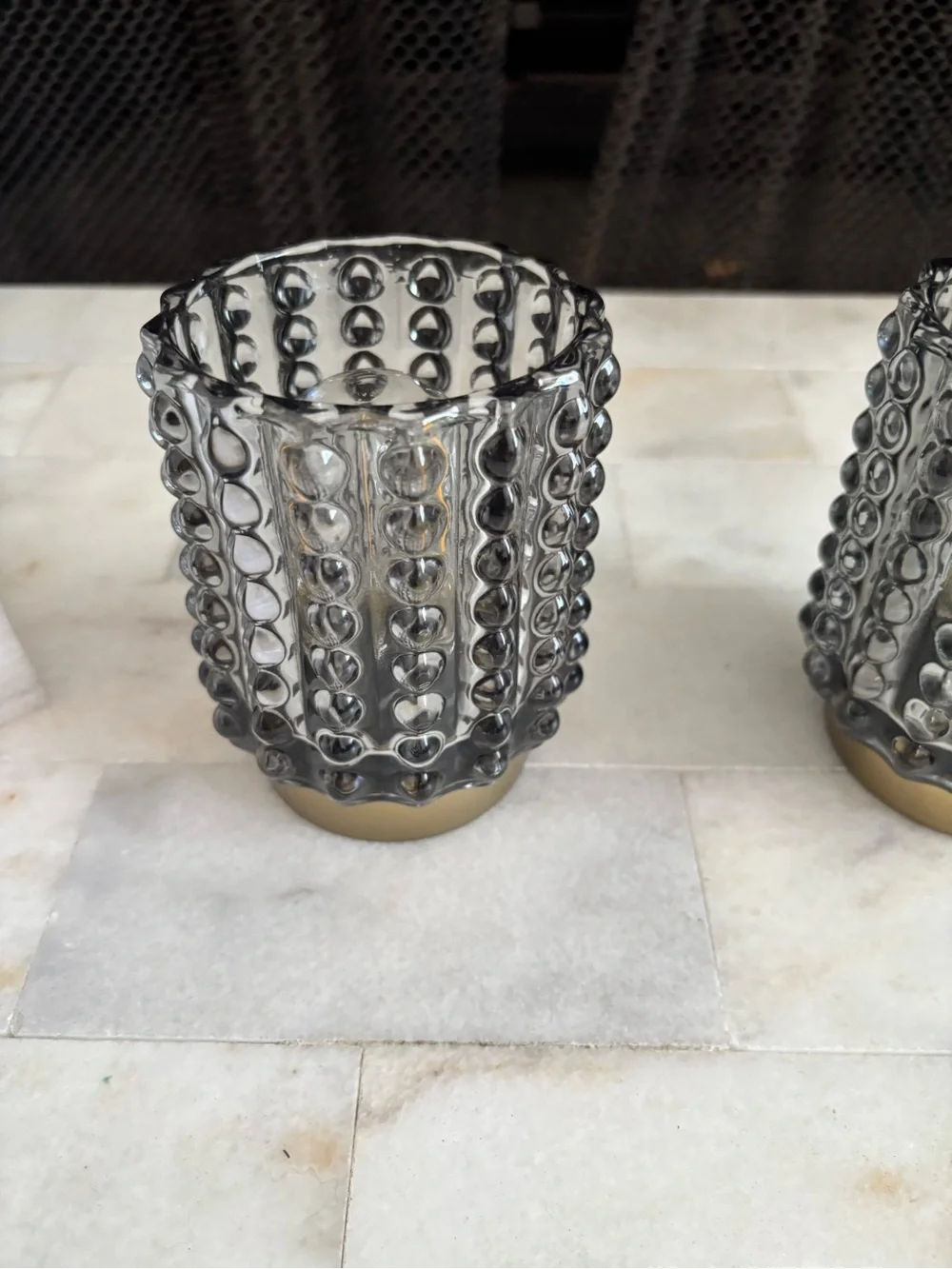 Crystal Beaded Glass Votive Candle Holders - smoke color with gold accent bottom